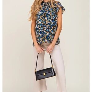 Black Floral Smocked Mock Neck Maternity Blouse